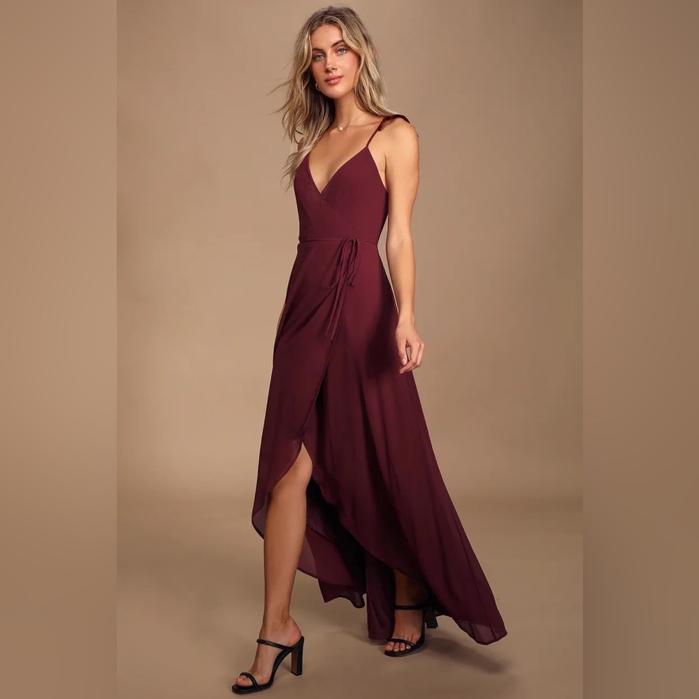 Lulus Here's to Us Burgundy High-Low Wrap Dress Size Medium